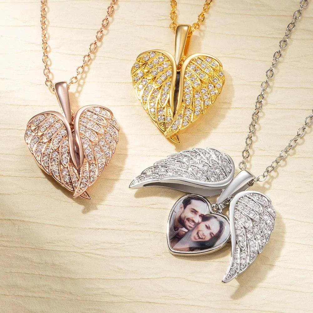 Personalized Angel Wing Photo Locket Necklace