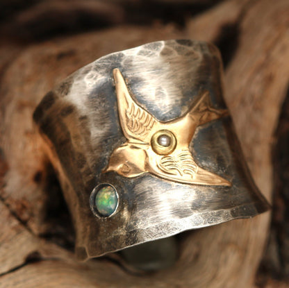 Sterling Silver Wide Band Ring, Bird Ring For Woman Unique