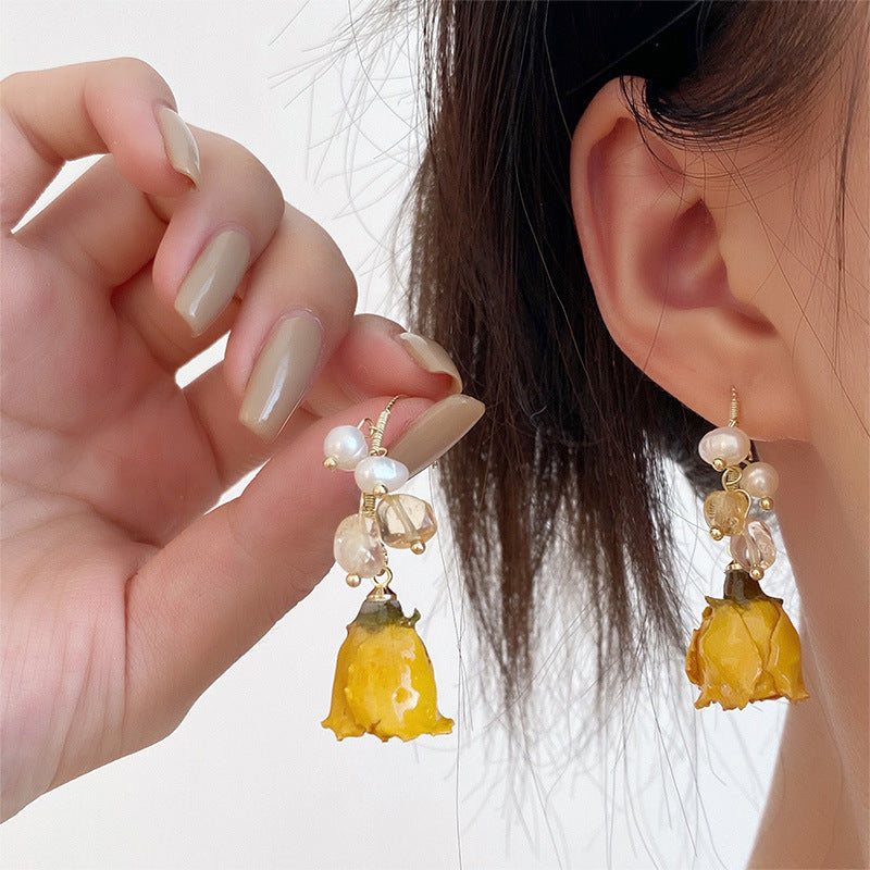 Pearl Dried Rose Flower Earrings