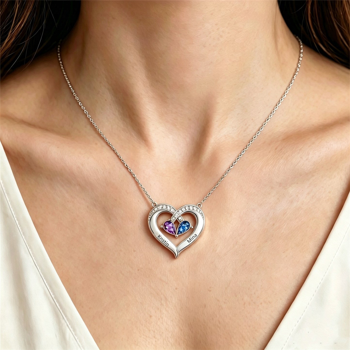 Mother And Daughter Custom Double Birthstones&Name Heart Necklace