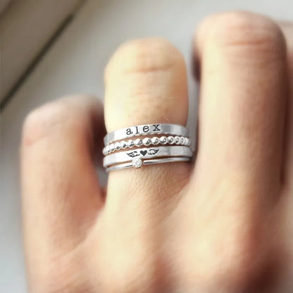 FOR MEMORIAL- ANGEL WINGS CUSTOM BIRTHSTONE&NAME STACKED RING