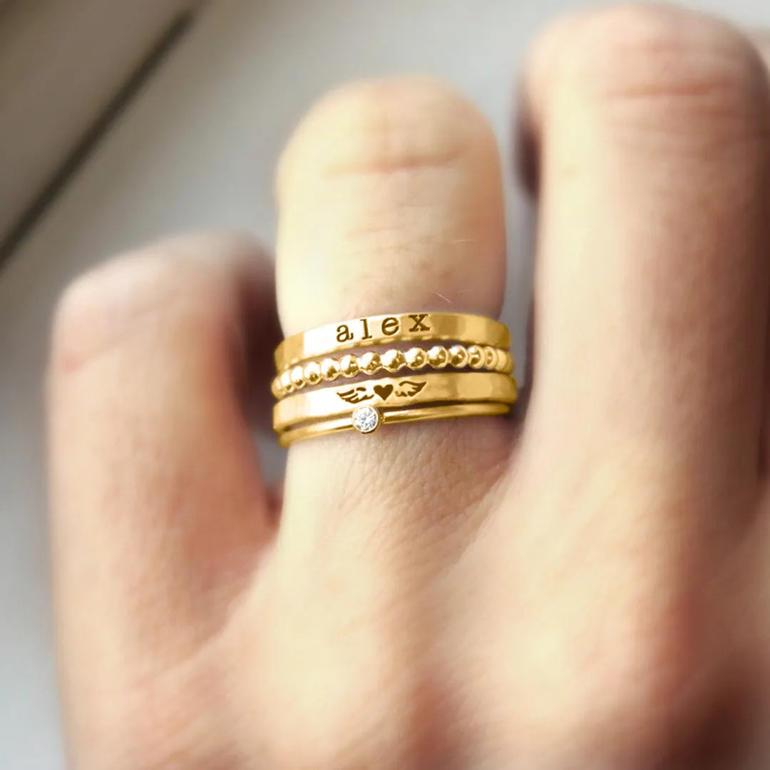 FOR MEMORIAL- ANGEL WINGS CUSTOM BIRTHSTONE&NAME STACKED RING