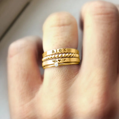 FOR MEMORIAL- ANGEL WINGS CUSTOM BIRTHSTONE&NAME STACKED RING