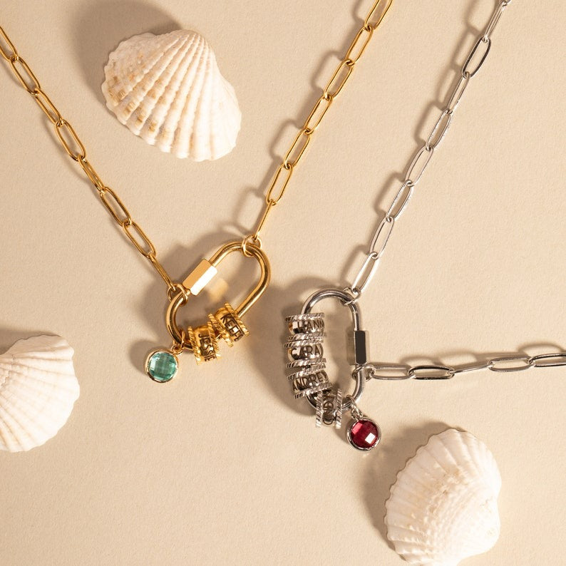 Carabiner Personalized Name Birthstone Necklace
