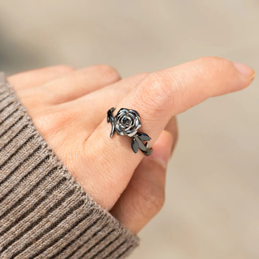 BURNED AND SURVIVED ENGRAVED BLACK ROSE RING
