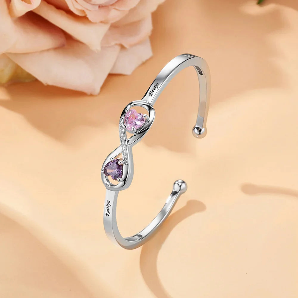 Personalized Infinity Double Heart Birthstones Cuff Bracelet with Engraved Name