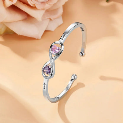 Personalized Infinity Double Heart Birthstones Cuff Bracelet with Engraved Name