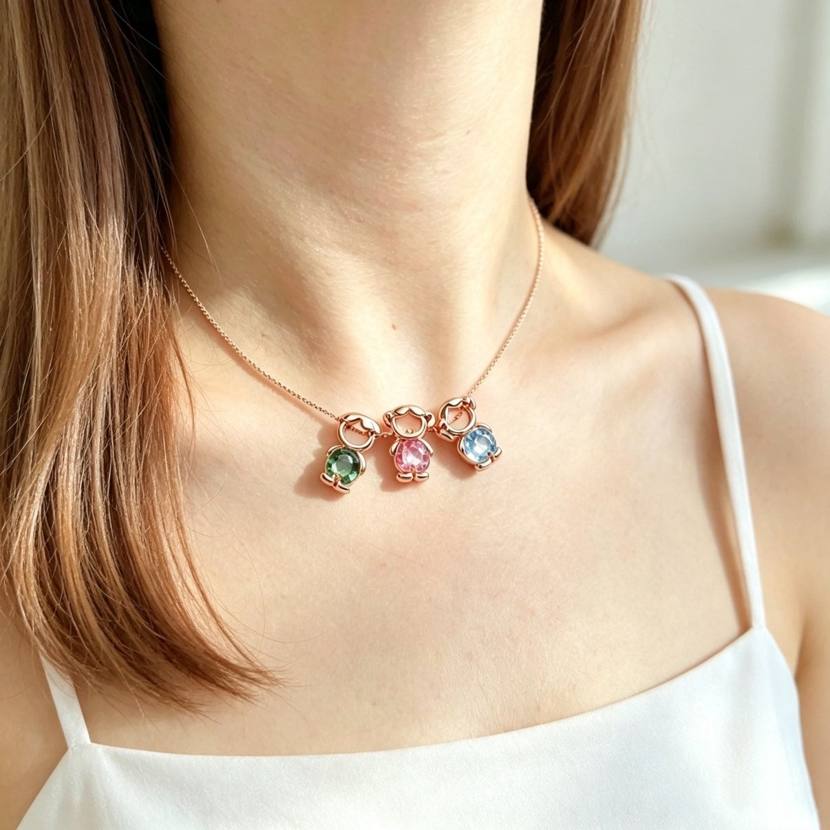For Love- Personalized Heart Birthstone Doll Family Necklace