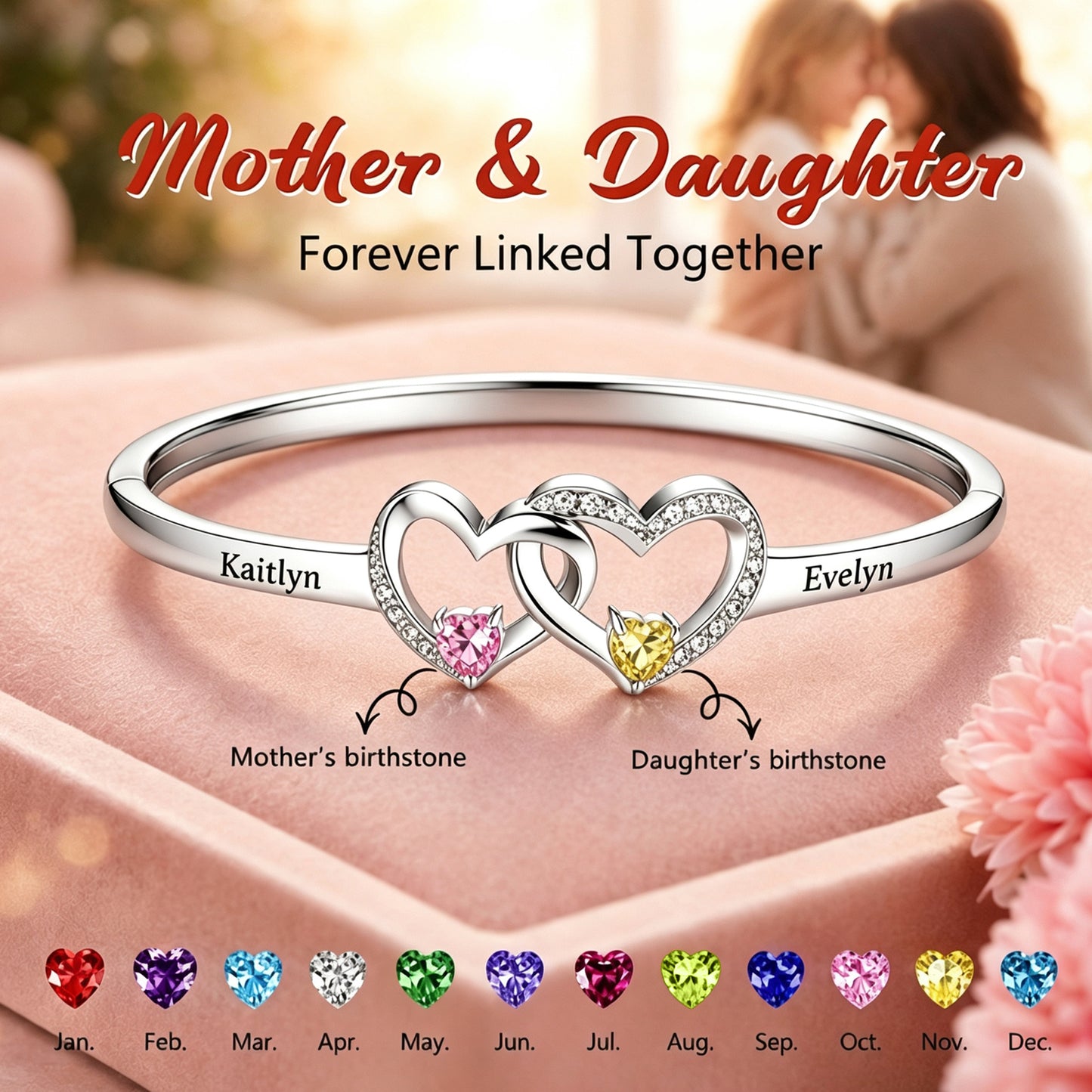 Personalized Mother And Daughter Double Heart Birthstone&Name Bracelet