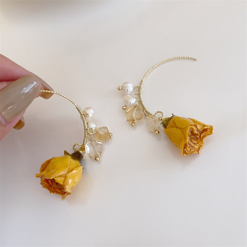 Pearl Dried Rose Flower Earrings
