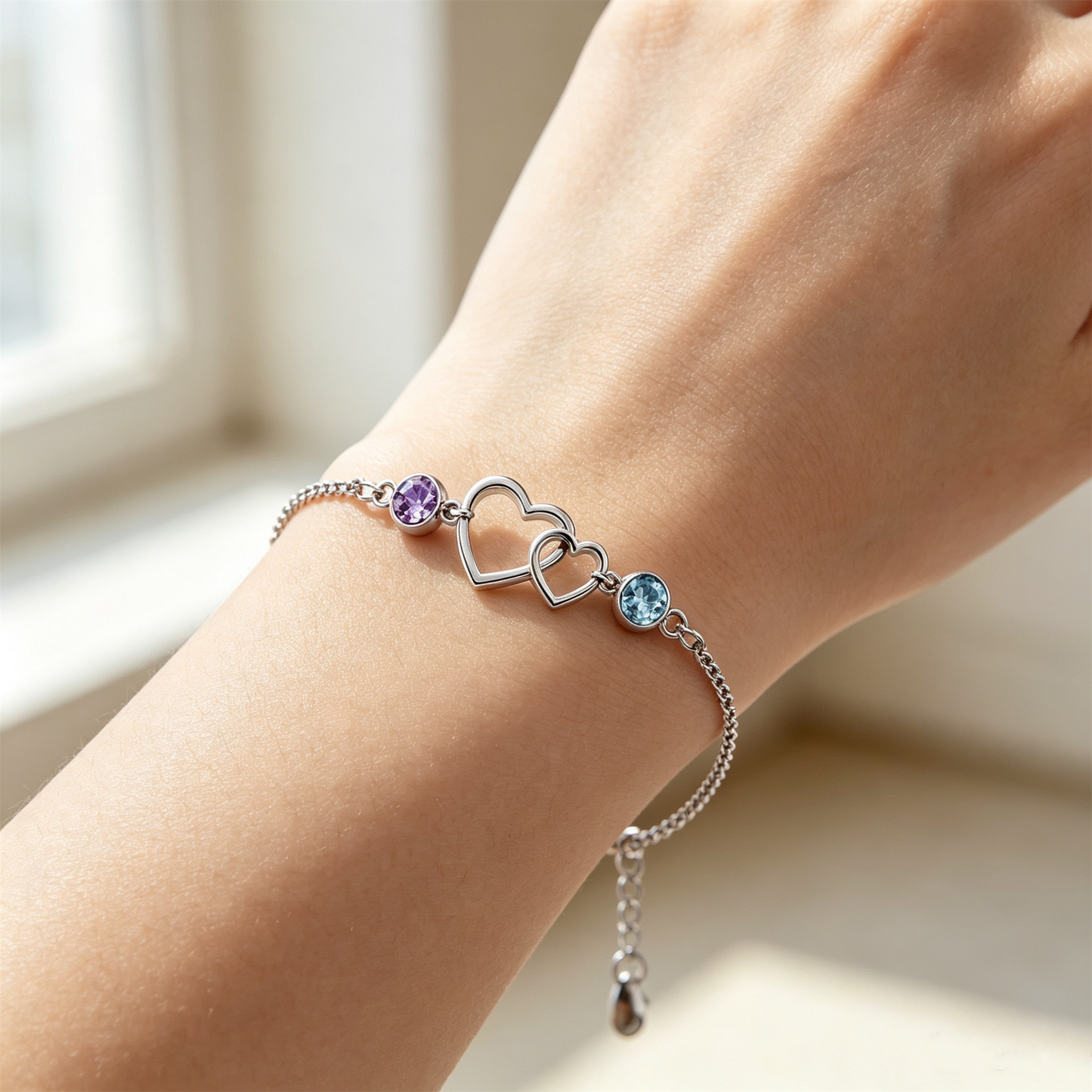 Mother&Daughter Connected By Heart Double Birthstones Bracelet