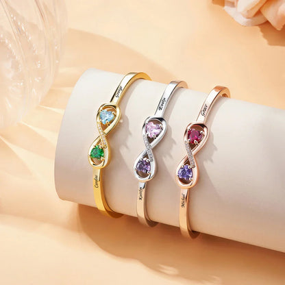 Personalized Infinity Double Heart Birthstones Cuff Bracelet with Engraved Name