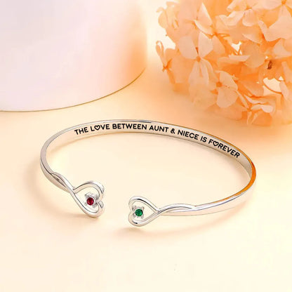 THE LOVE BETWEEN AUNT & NIECE IS FOREVER DOUBLE HEARTS CUSTOM BIRTHSTONES BRACELET