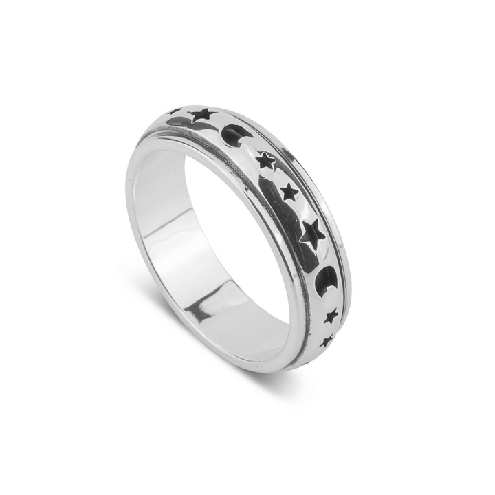 925 Sterling Silver Moon & Stars Spinning Anxiety Ring
