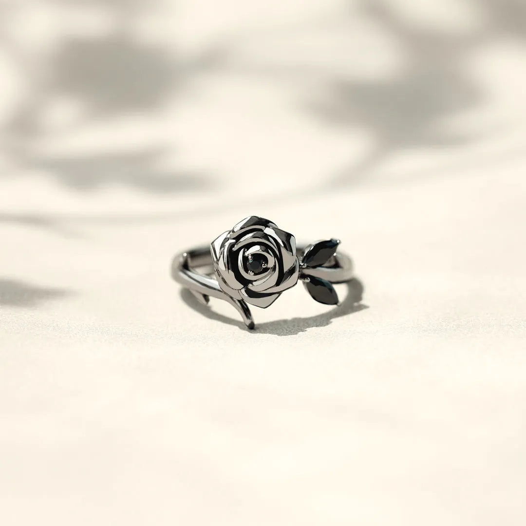 BURNED AND SURVIVED ENGRAVED BLACK ROSE RING