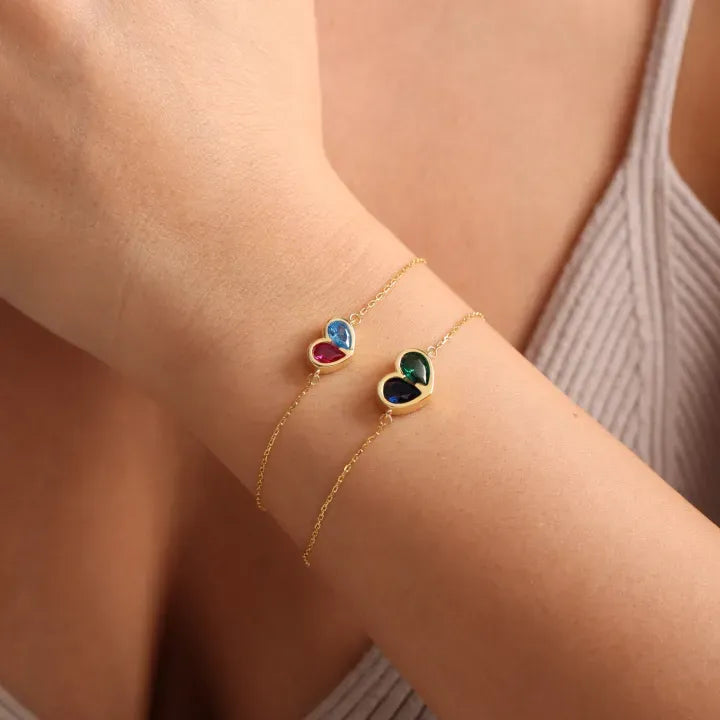 FOR UNBIOLOGICAL DAUGHTER - FOREVER LINKED TOGETHER CUSTOM HEART BIRTHSTONES BRACELET