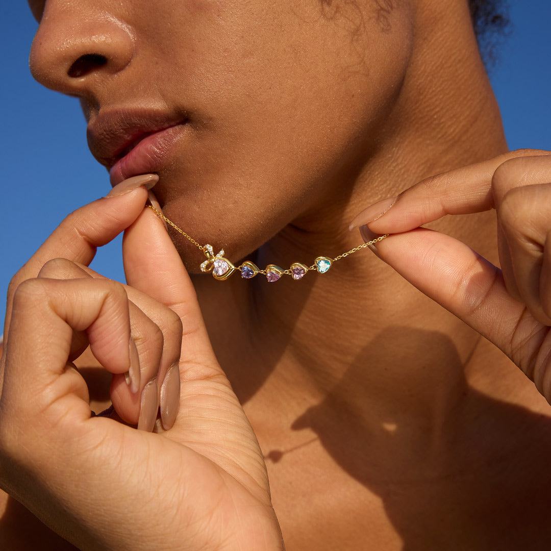 Mama's Heartbeats Mom And 1-6 Birthstone Bow Necklace