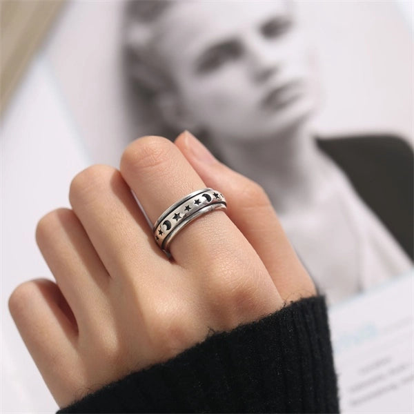 925 Sterling Silver Moon & Stars Spinning Anxiety Ring