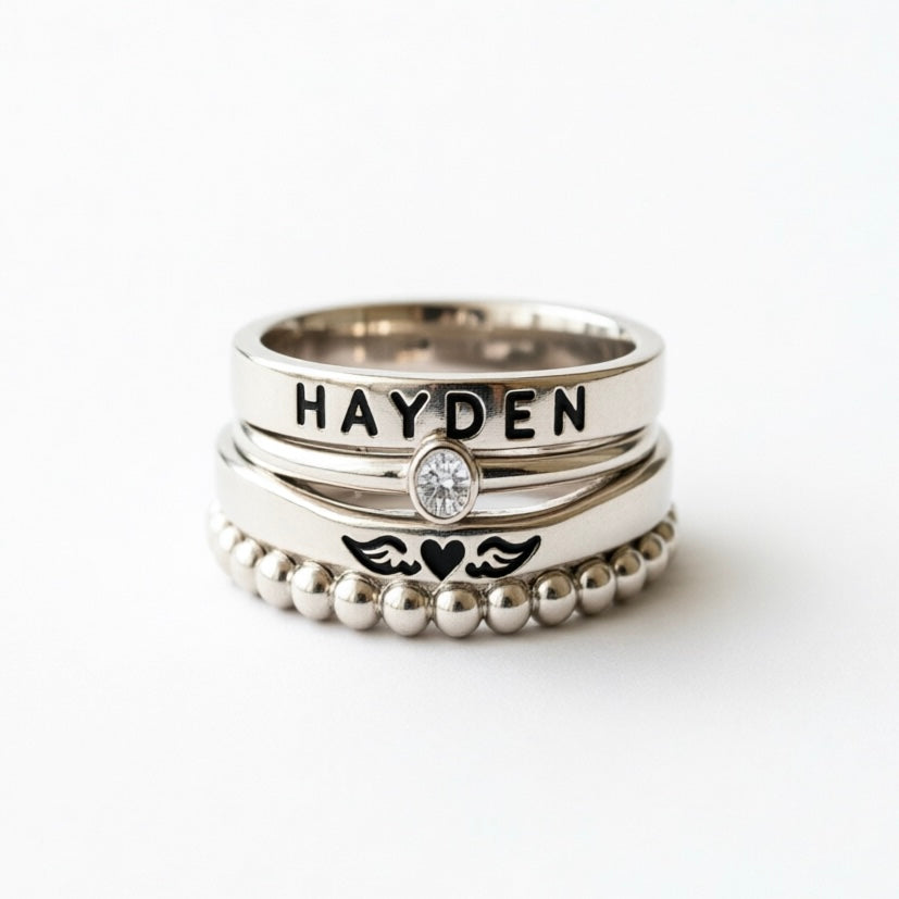 FOR MEMORIAL- ANGEL WINGS CUSTOM BIRTHSTONE&NAME STACKED RING