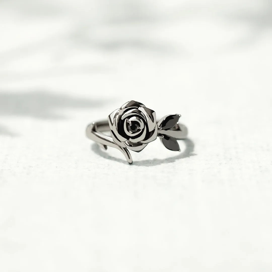 BURNED AND SURVIVED ENGRAVED BLACK ROSE RING