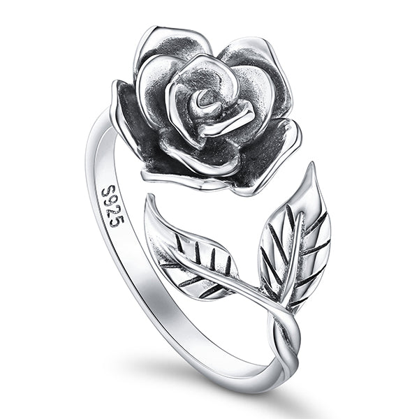 S925 Sterling Silver Adjustable Wrap Open Rose Flower Ring