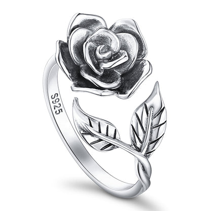 S925 Sterling Silver Adjustable Wrap Open Rose Flower Ring