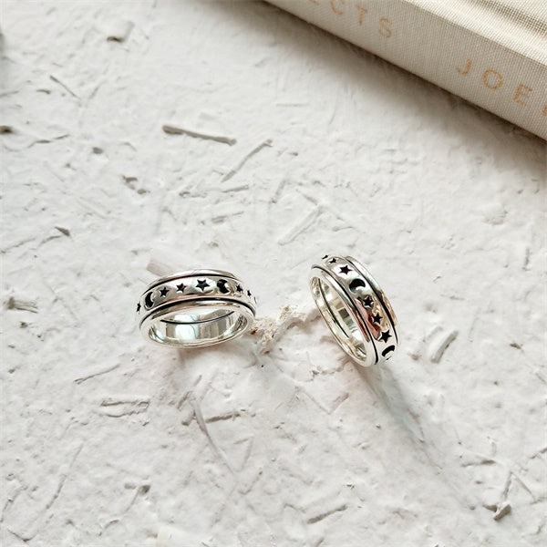 925 Sterling Silver Moon & Stars Spinning Anxiety Ring