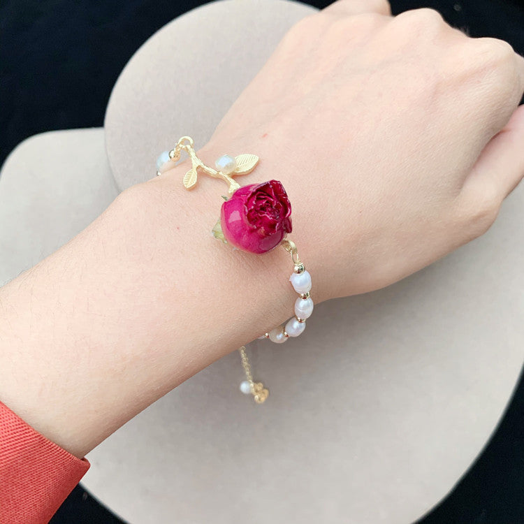 Branch Pearl Dried Rose Flower Bracelet Necklace
