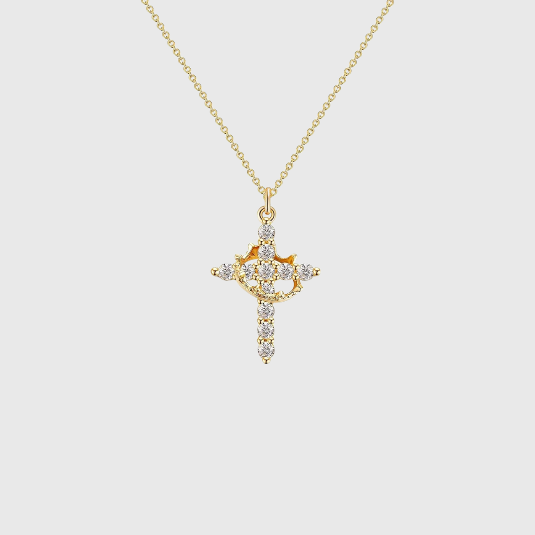 Paved Cross Rotated Crown Necklace