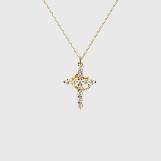 Paved Cross Rotated Crown Necklace