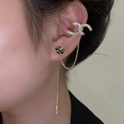 🌸C-Shaped Black Camellia Microset Zircon Earrings