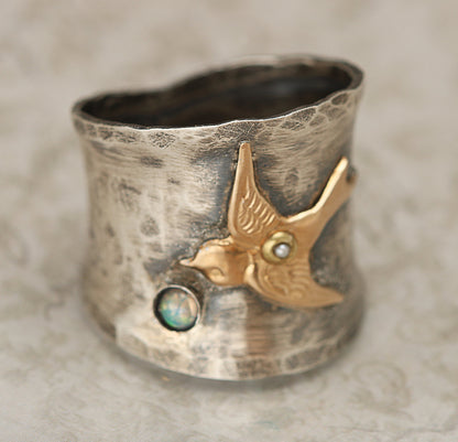 Sterling Silver Wide Band Ring, Bird Ring For Woman Unique