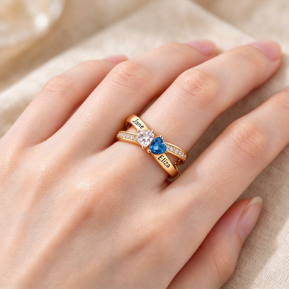 Mother&Daughter Custom Double Heart Birthstone&Name Ring