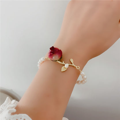 Branch Pearl Dried Rose Flower Bracelet Necklace