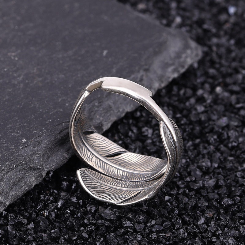 🔥Summer Hot Sale🌊	925 Sterling Silver Boho Feather Turquoise Adjustable Ring