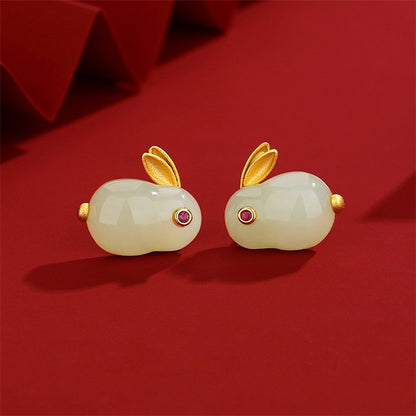 925 Sterling Silver Hetian Jade Lucky Rabbit Jewelry Set