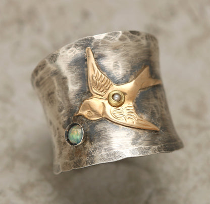 Sterling Silver Wide Band Ring, Bird Ring For Woman Unique