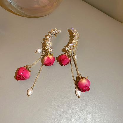 Rhinestone Pearl Dried Rose Flower Earrings