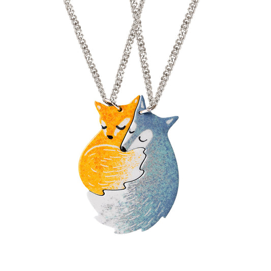 Hand-painted Fox and Wolf Couple Hug Necklace