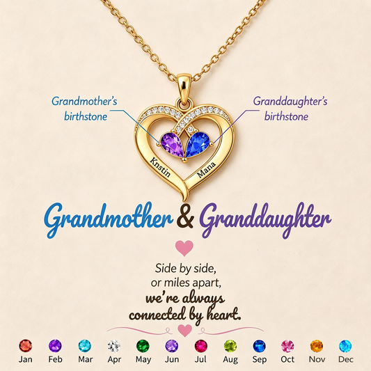 Grandmother And Granddaughter Custom Double Birthstones&Name Heart Necklace