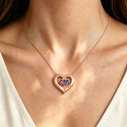 Grandmother And Granddaughter Custom Double Birthstones&Name Heart Necklace