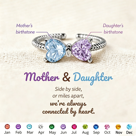 🎀Mother&Daughter Double Birthstones Bow Ring