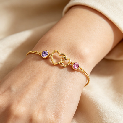 Mother&Daughter Connected By Heart Double Birthstones Bracelet