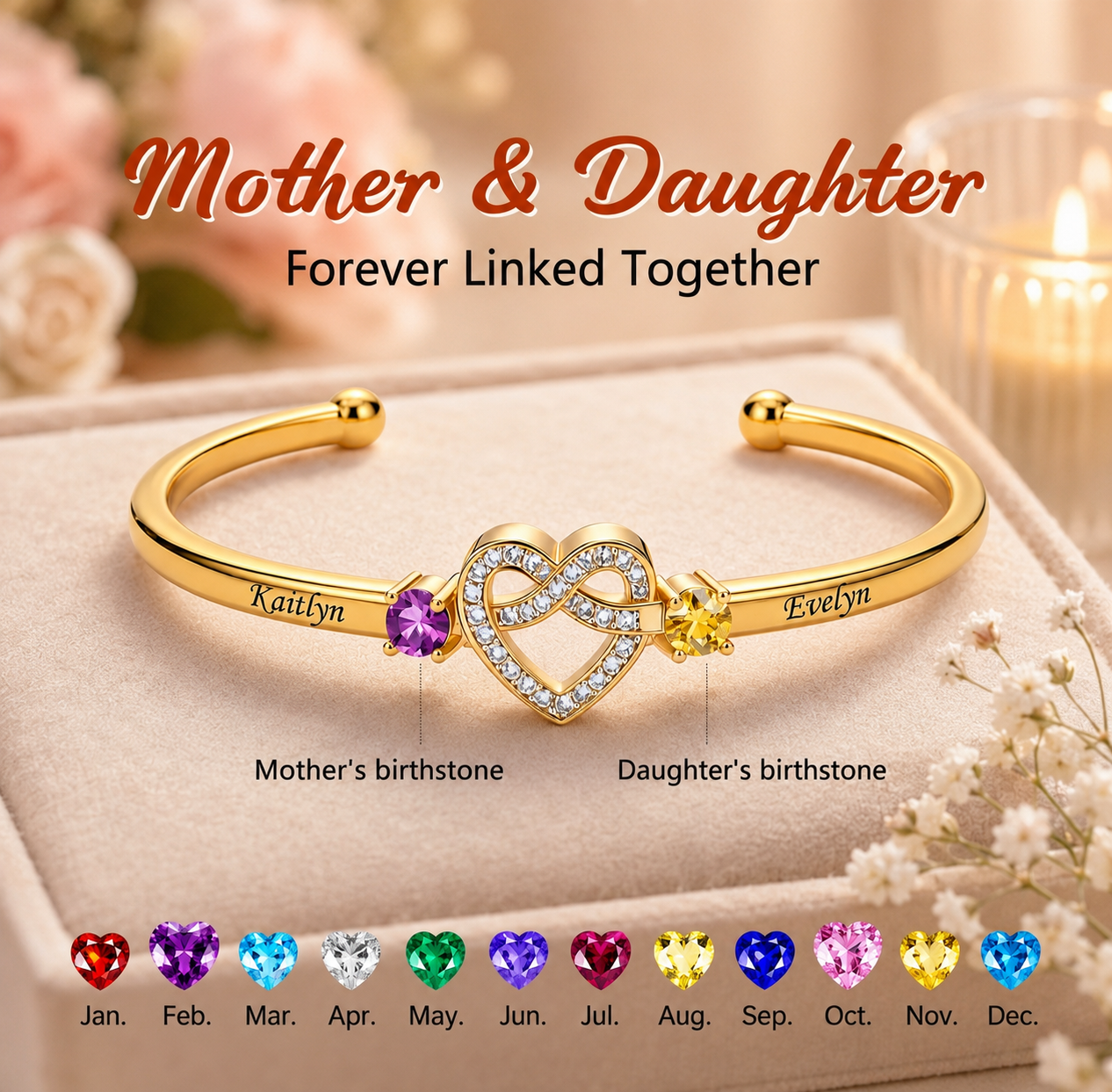 Mother And Daughter Heart Custom Birthstone&Name Bracelet