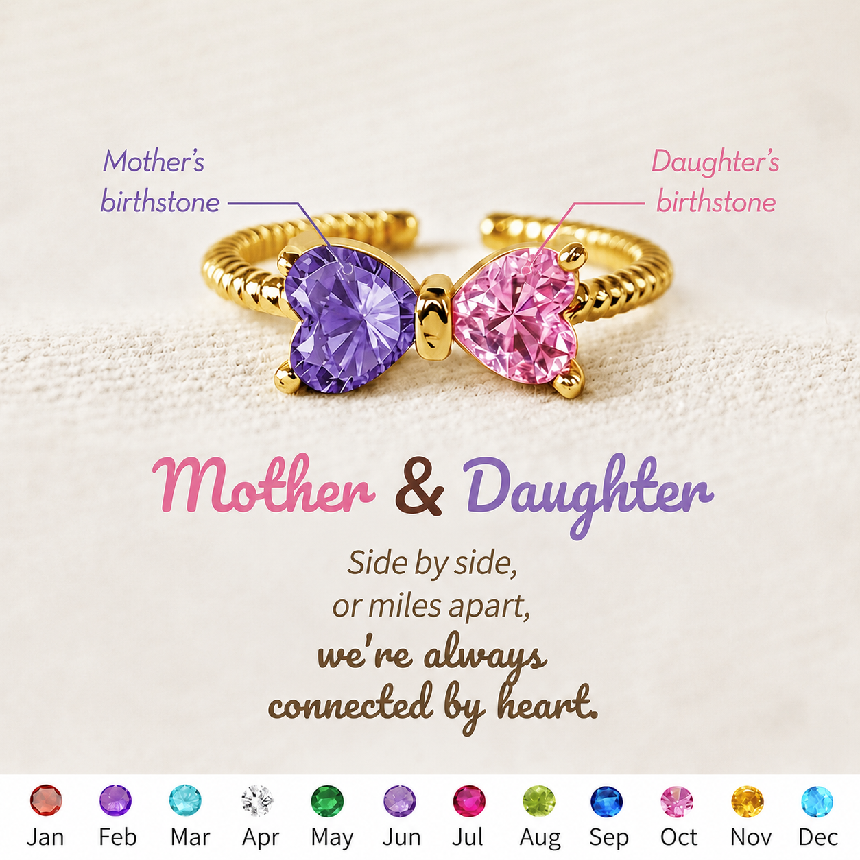 🎀Mother&Daughter Double Birthstones Bow Ring