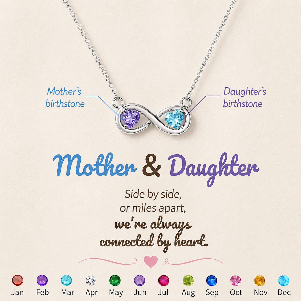 Mother&Daughter Connected By Heart Double Birthstones Infinity Necklace