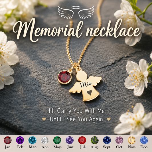 Always In My Heart, Personalized Angel Charm Birthstone Memorial Necklace