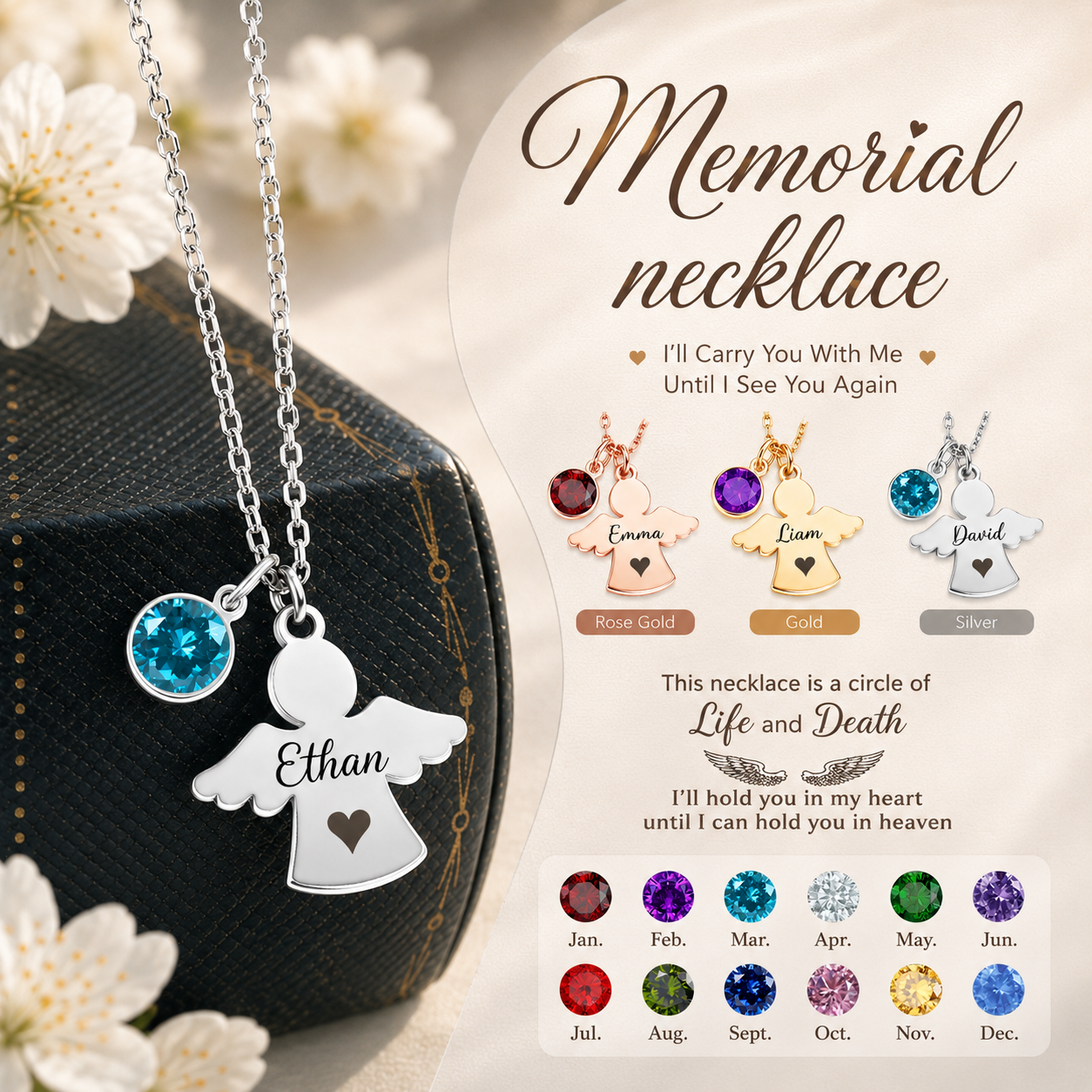 Always In My Heart - Personalized Angel Charm Birthstone Memorial Necklace