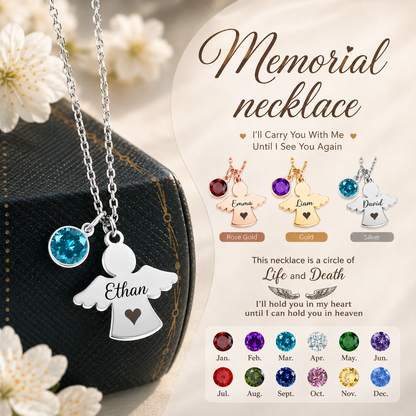 Always In My Heart - Personalized Angel Charm Birthstone Memorial Necklace