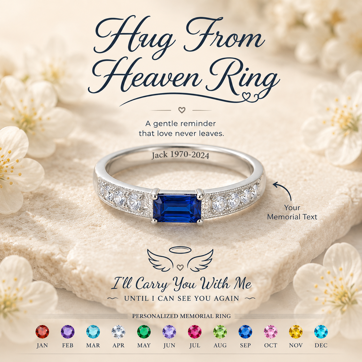 Personalized Hug From Heaven Birthstone Memorial Ring